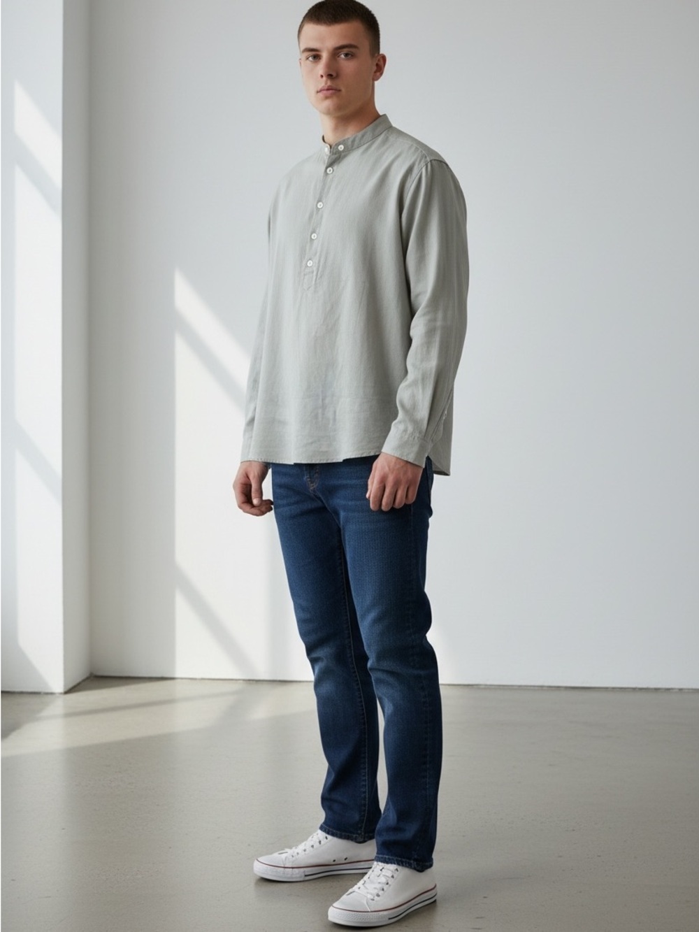 Band Collar 100% Cotton Linen Long Adjustable Sleeve Button Front Shirt Gray M - Picture 2 of 8